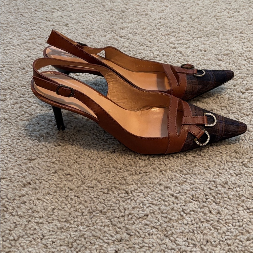 Casadei Brown and Black Plaid, Pointed Toe, Slingback Kitten Heels - Picture 3 of 4